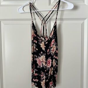 American Eagle Outfitters Black Floral Crisscross Strappy Tank